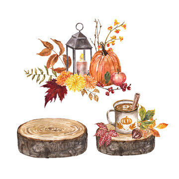 Fall floral compositions. Watercolor hand painted autumn flowers, leaves, wood slice, warm drink in a mug, candle with vintage lantern, pumpkin illustration. Thanksgiving day cards design