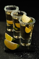 Shots of Mexican Gold Tequila with lime slices and salt.