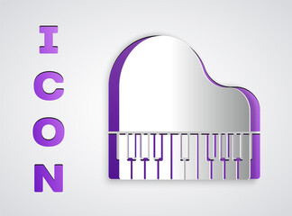 Paper cut Grand piano icon isolated on grey background. Musical instrument. Paper art style. Vector.