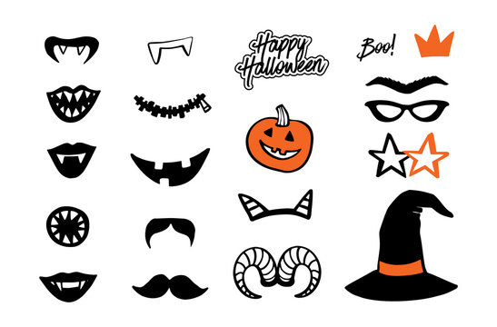 Cartoon halloween mouth and teeth photo decoration design. Vector illustration template. Black isolated silhouette on white background. Halloween party mask for photo booth. Witch hat, vampire lips.