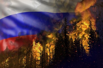 Forest fire fight concept, natural disaster - infernal fire in the woods on Russia flag background - 3D illustration of nature