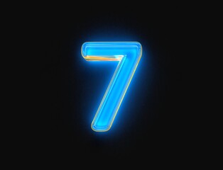 Blue and yellow shine neon light glow crystal glass made alphabet - number 7 isolated on dark, 3D illustration of symbols