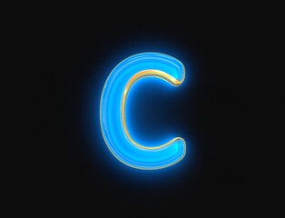 Blue and yellow polished neon light glow transparent reflective alphabet - letter C isolated on dark, 3D illustration of symbols