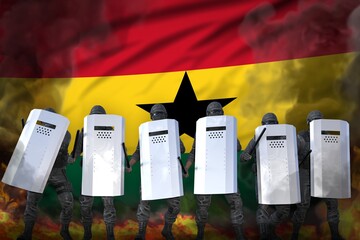 Ghana protest stopping concept, police swat in heavy smoke and fire protecting country against revolt - military 3D Illustration on flag background