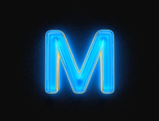 Blue and orange polished neon light glow clear glass made font - letter M isolated on dark background, 3D illustration of symbols