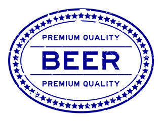 Grunge blue premium quality beer word oval rubber seal stamp on white backgoround