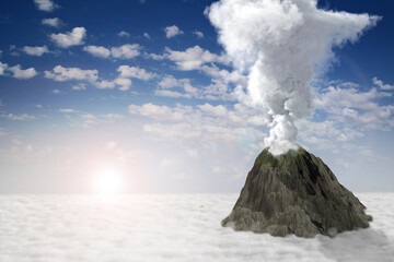 volcano eruption with huge smoke pillar and flames on blue sky, troubles because of natural disaster and volcanic ash concept - 3D illustration of nature