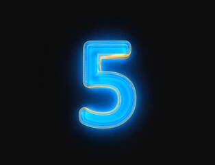 Blue and orange glossy neon light glow clear glass made font - number 5 isolated on dark background, 3D illustration of symbols