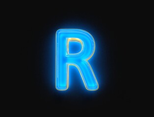 Blue and yellow polished neon light glow transparent glass made font - letter R isolated on dark, 3D illustration of symbols