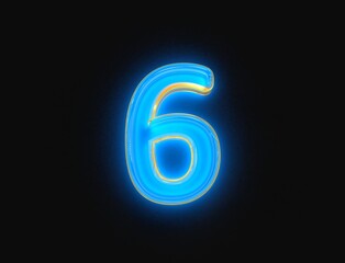 Naklejka premium Blue and yellow glossy neon light glow transparent reflective font - number 6 isolated on dark, 3D illustration of symbols