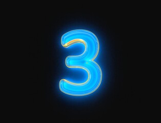 Blue and orange shine neon light glow clear glass made alphabet - number 3 isolated on dark background, 3D illustration of symbols