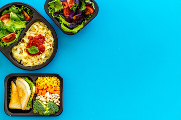 Restaurant food delivery, lunch boxes for daily nutrition, top view