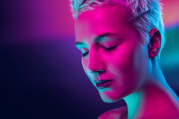 Future. Portrait of female fashion model in neon light on dark studio background. Beautiful caucasian woman with trendy make-up and well-kept skin. Vivid style, beauty concept. Close up. Copyspace