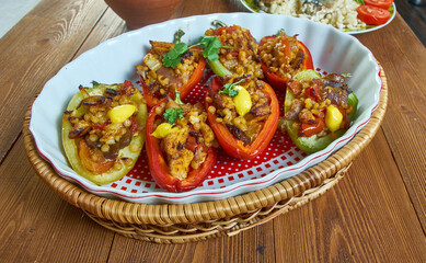 Stuffed red bell peppers with ptitim