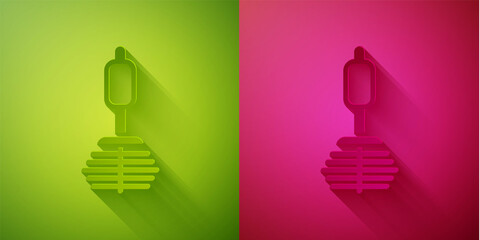 Paper cut Toilet brush icon isolated on green and pink background. Paper art style. Vector.