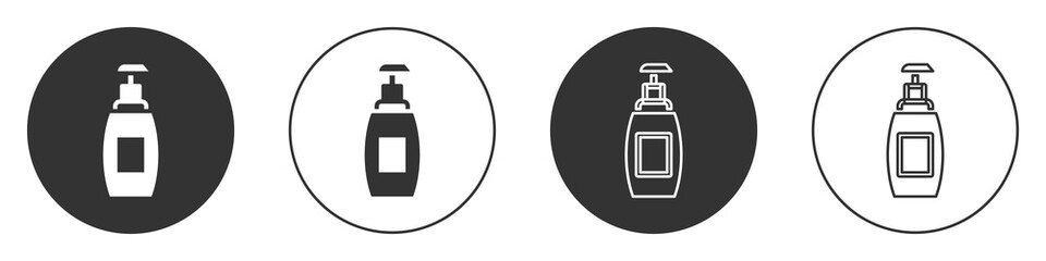 Black Bottle of liquid antibacterial soap with dispenser icon isolated on white background. Antiseptic. Disinfection, hygiene, skin care. Circle button. Vector.