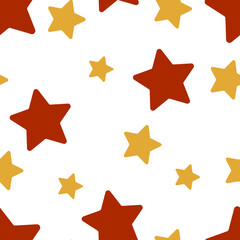 Scandinavian style seamless pattern with yellow and orange stars. Kid pattern for bed textile, room decor, baby clothes, poster, card, wrapping paper, scrapbooking, paper crafts. Christmas pattern.