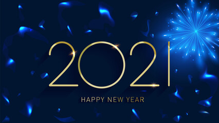Happy new year 2021 banner design. Beautiful web banner or billboard with Golden text Happy New Year 2021 on festive blue background with firework. 