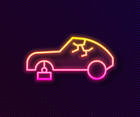 Glowing neon line Broken car icon isolated on black background. Car crush. Vector Illustration.