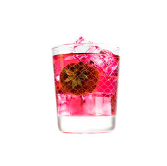 Glass of strawberry cordial isolated on interesting background