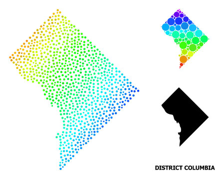 Dotted spectral, and monochrome map of District Columbia, and black tag. Vector model is created from map of District Columbia with circles. Collage is useful for geographic ads.