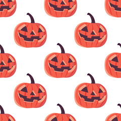 Halloween seamless pattern. Texture with pumpkin face horror pumpkin jack o lantern seamless pattern on white background.