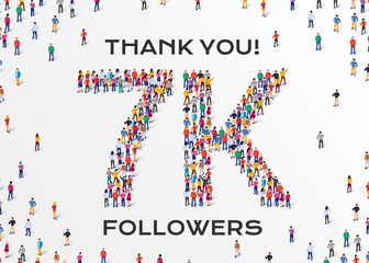 7K Followers. Group of business people are gathered together in the shape of 7000 word, for web page, banner, presentation, social media, Crowd of little people. Teamwork. Vector illustration