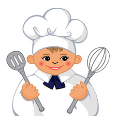  Smiling cartoon face of a little cook. Hand drawn vector drawing in cartoon style isolated on white background. Colorful icon.
