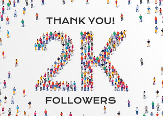 2K Followers. Group of business people are gathered together in the shape of 2000 word, for web page, banner, presentation, social media, Crowd of little people. Teamwork. Vector illustration