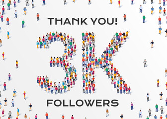 3K Followers. Group of business people are gathered together in the shape of 3000 word, for web page, banner, presentation, social media, Crowd of little people. Teamwork. Vector illustration