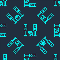 Green line Home stereo with two speaker s icon isolated seamless pattern on blue background. Music system. Vector Illustration.