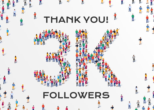 3K Followers. Group of business people are gathered together in the shape of 3000 word, for web page, banner, presentation, social media, Crowd of little people. Teamwork. Vector illustration