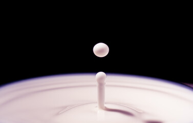 Drop of milk - milk droplet falling on white liquid and creating splash with circle ripple. Dairy products isolated on black background