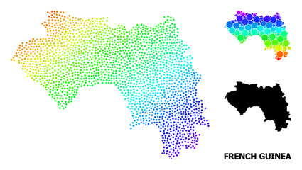 Obraz premium Pixel spectrum, and solid map of French Guinea, and black title. Vector structure is created from map of French Guinea with circles. Template is useful for political templates.