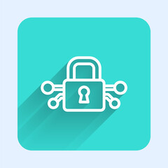 White line Cyber security icon isolated with long shadow. Closed padlock on digital circuit board. Safety concept. Digital data protection. Green square button. Vector.
