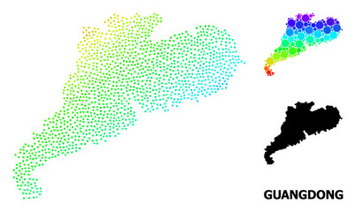 Obraz premium Pixelated rainbow gradient, and monochrome map of Guangdong Province, and black tag. Vector model is created from map of Guangdong Province with spheres. Template is useful for political purposes.
