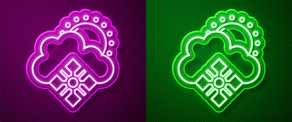 Glowing neon line Cloud with snow and sun icon isolated on purple and green background. Cloud with snowflakes. Single weather icon. Snowing sign. Vector.