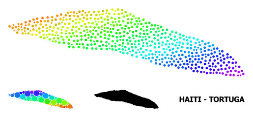 Pixelated bright spectral, and solid map of Haiti Tortuga Island, and black tag. Vector structure is created from map of Haiti Tortuga Island with circles. Collage is useful for political aims.
