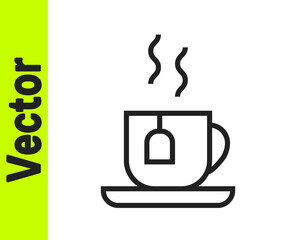 Black line Cup of tea with tea bag icon isolated on white background. Vector.