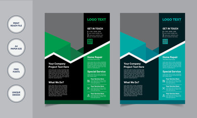 Home repair flyer Design Template, vector template in A4 size.
Template details:
Easy Customization and Editable
3 Color Version
Full Vector Eps  file
Size: A4 (210X297)
300 DPI resolutions