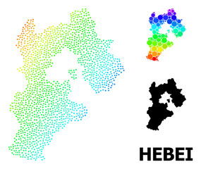 Pixelated spectral, and monochrome map of Hebei Province, and black caption. Vector structure is created from map of Hebei Province with round dots. Illustration is useful for political purposes.