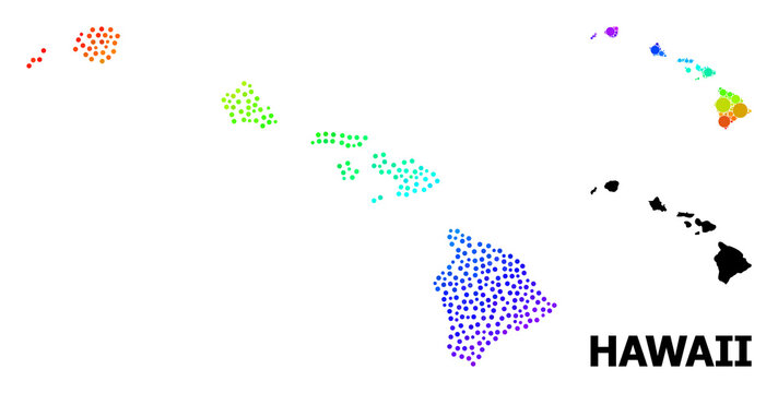 Dotted spectral, and monochrome map of Hawaii State, and black caption. Vector model is created from map of Hawaii State with spheres. Collage for geographic posters. © Sergey