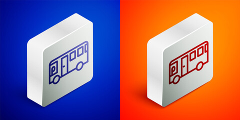 Isometric line Bus icon isolated on blue and orange background. Transportation concept. Bus tour transport sign. Tourism or public vehicle symbol. Silver square button. Vector.