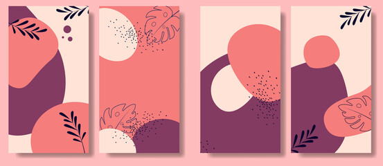 a set of new Backgrounds for social networks with modern colors. Stylish gentle pink colors with leaves.