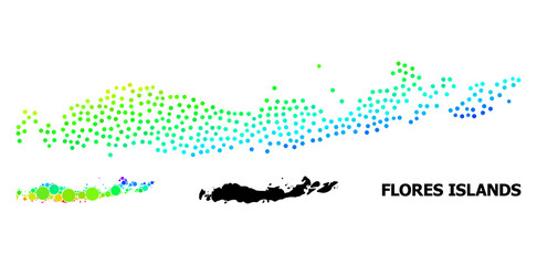 Pixelated rainbow gradient, and solid map of Indonesia - Flores Islands, and black title. Vector structure is created from map of Indonesia - Flores Islands with round dots.