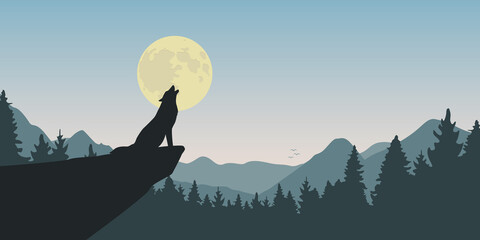 wolf howls at full moon nature landscape vector illustration EPS10