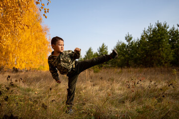 Little boy learn karate in the autumn park.