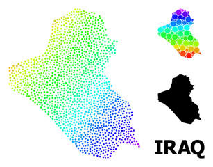 Obraz premium Pixelated rainbow gradient, and solid map of Iraq, and black name. Vector model is created from map of Iraq with round dots. Illustration for political templates. Colored gradient map of Iraq,