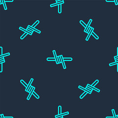 Green line Barbed wire icon isolated seamless pattern on blue background. Vector.