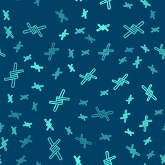 Green line Barbed wire icon isolated seamless pattern on blue background. Vector.